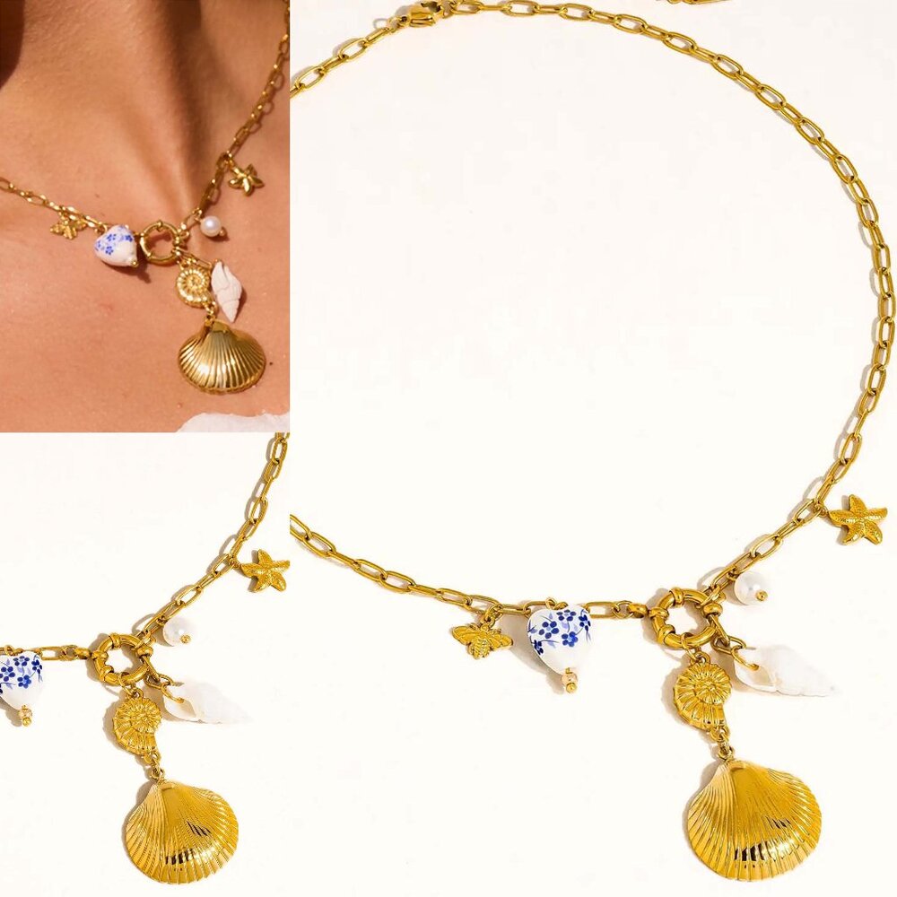 Brianna 18K Gold Shell Ceramic Charm Necklace